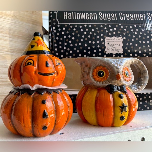 Discontinued Johanna Parker Carnival Cottage Ceramic Jack-o’-lantern and Owl Set - Picture 2 of 2